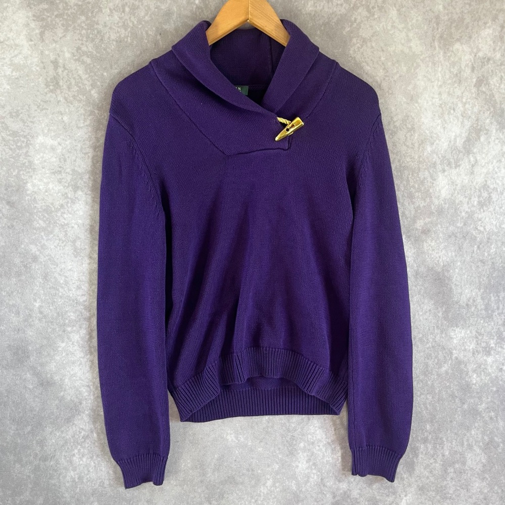 Lauren Ralph Lauren Sweater Women Small Purple Shawl Neck Gold Toggle Cotton